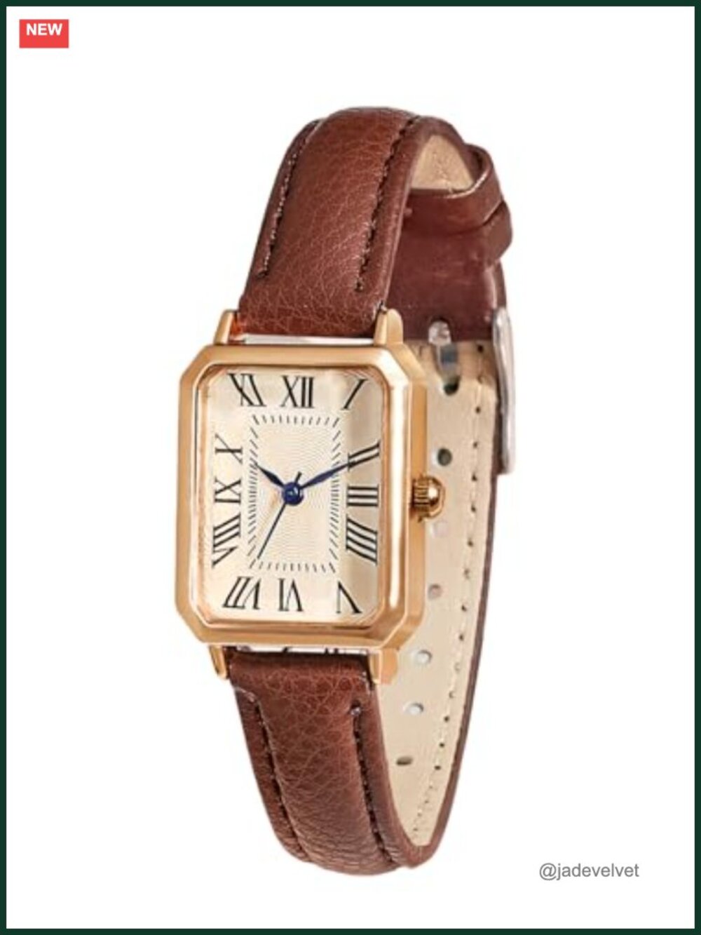 Quartz Wrist Watch Leather Strap Rectangle Dial Roman Numerals Analog